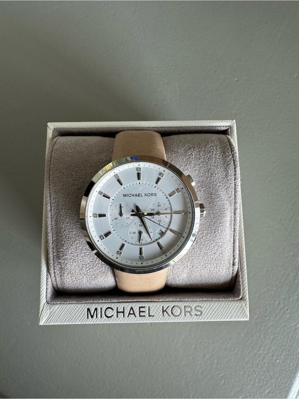 Michael Kors Beige Genuine Leather Strap Silver-Tone Dial Watch